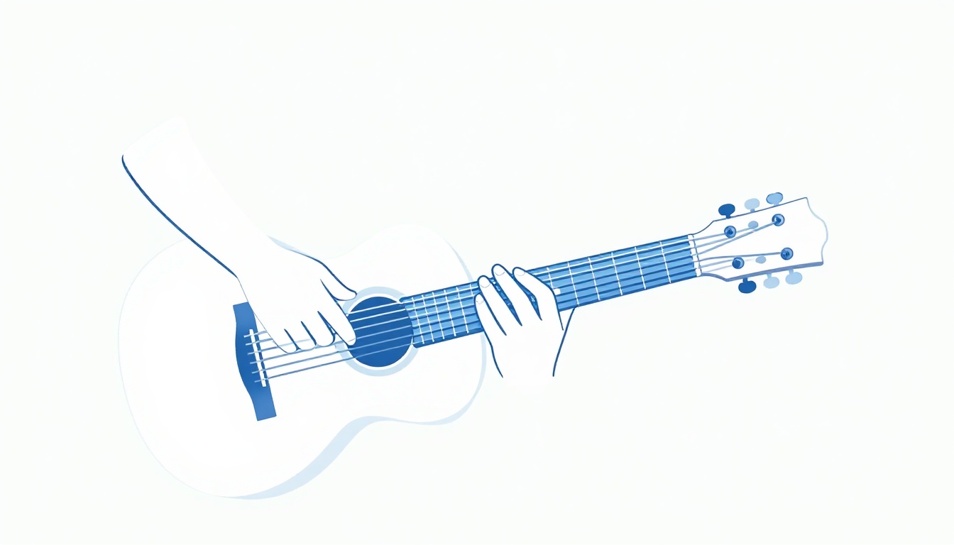 A side view of a left hand forming a chord shape on an acoustic guitar neck, the ring finger flat across three strings and the index finger reaching for a single string closer to the headstock