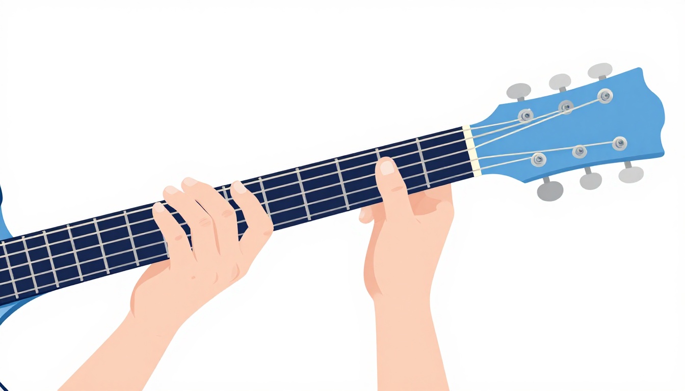 A close-up comparing two hand positions side by side on an acoustic guitar neck, one hand fretting near the first fret and the other resting slightly lower toward the open strings