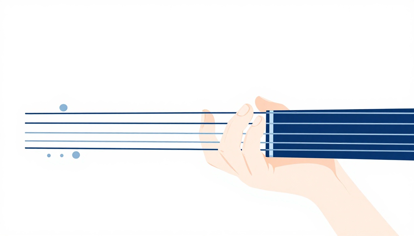 An extreme close-up of a fingertip pressed flat and firm across three strings near a fret wire on an acoustic guitar neck, the strings ringing clean