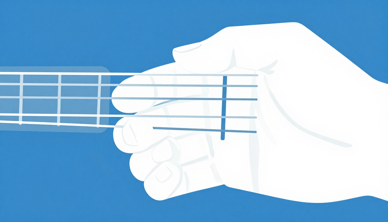 A close-up of a left hand forming a compact two-part barre shape higher up an acoustic guitar neck, only the top four strings involved