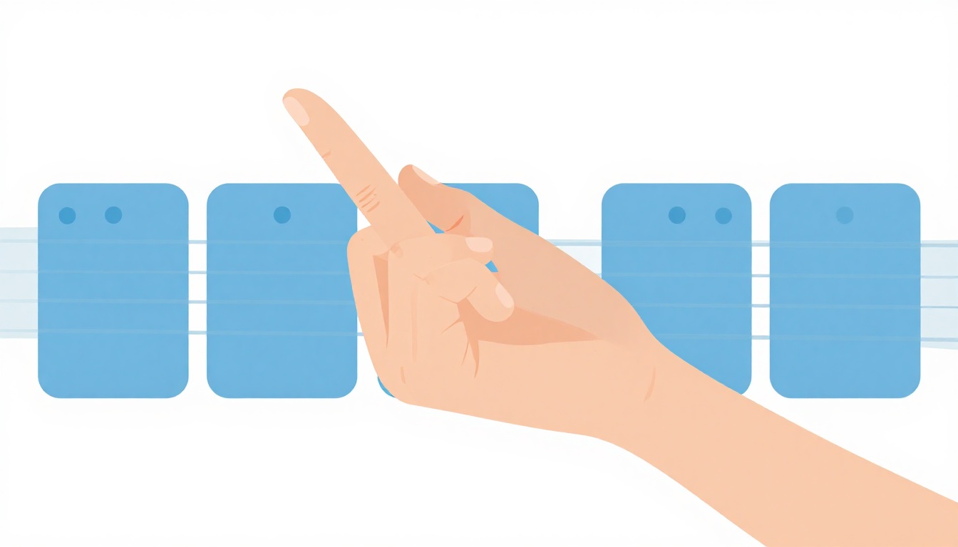 A close-up of a left hand transitioning between two similar chord shapes on an acoustic guitar neck, one finger lifting while the others stay in place