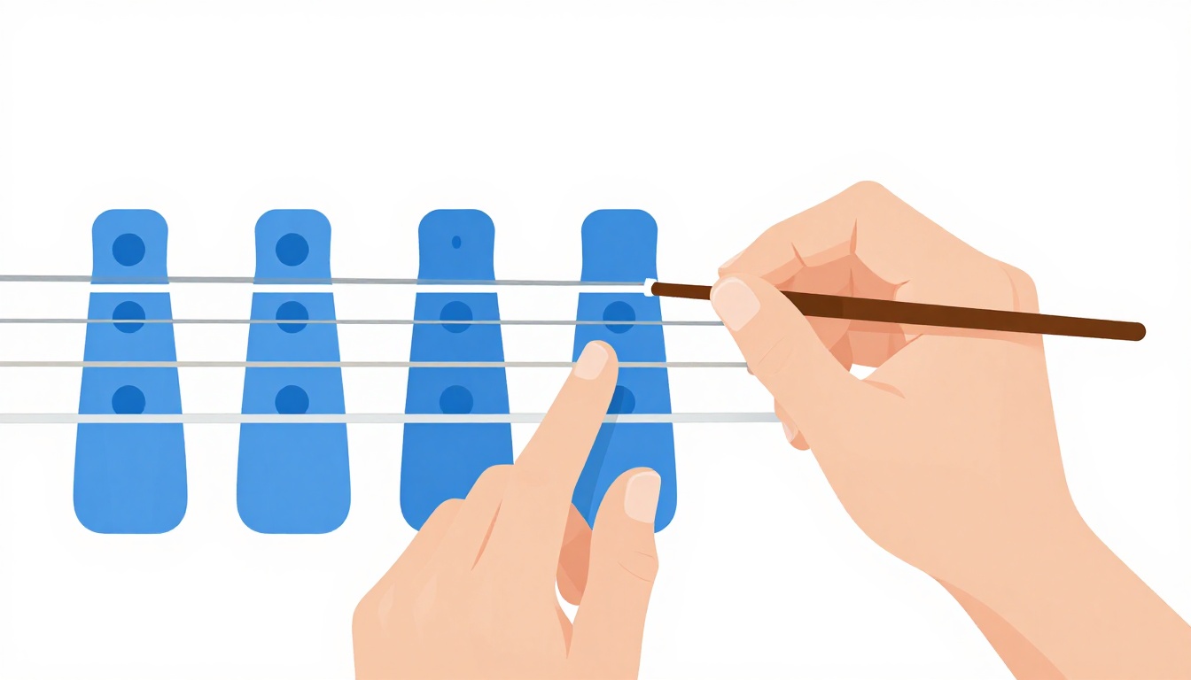 A close-up of a left hand shifting between two chord shapes on an acoustic guitar neck, two fingers staying anchored in place while the others move to new strings