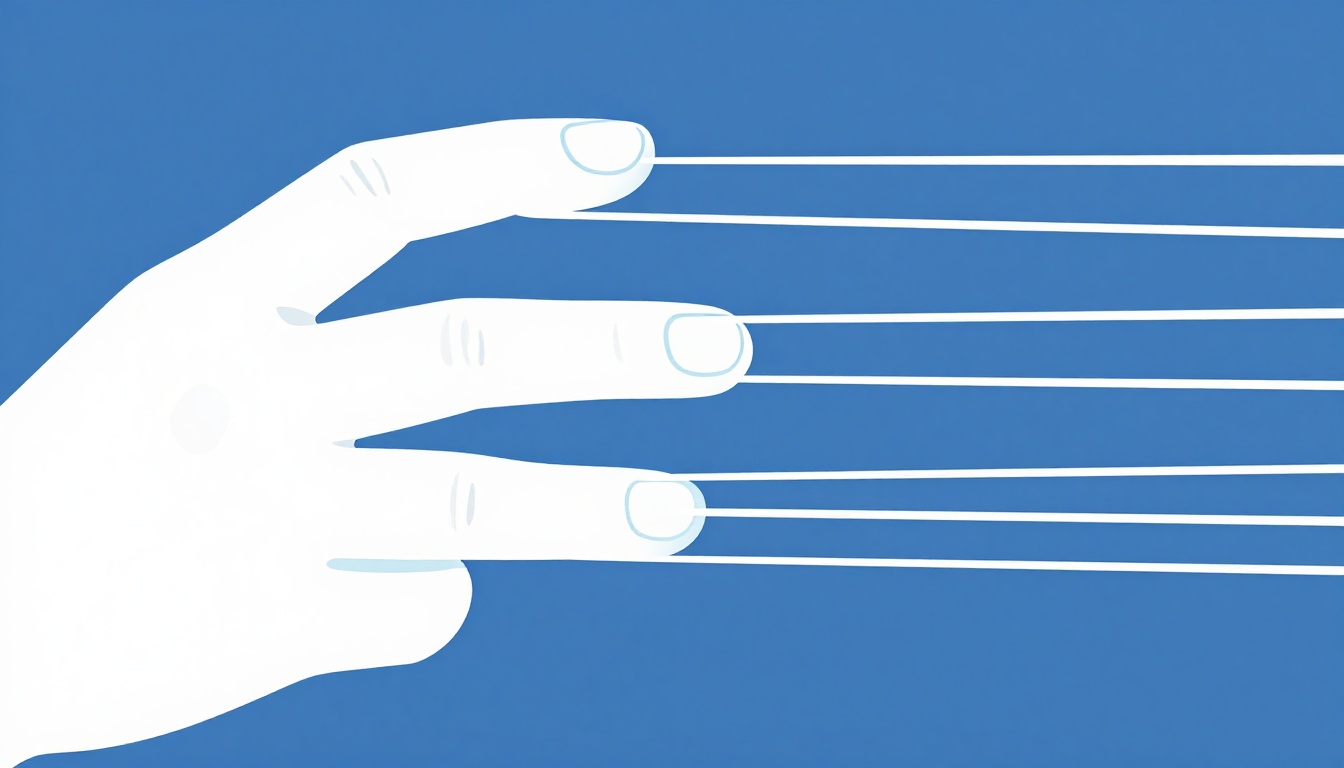 A close-up of a left hand with three separate fingertips spread across three adjacent strings on an acoustic guitar neck, each pressing independently rather than barred together