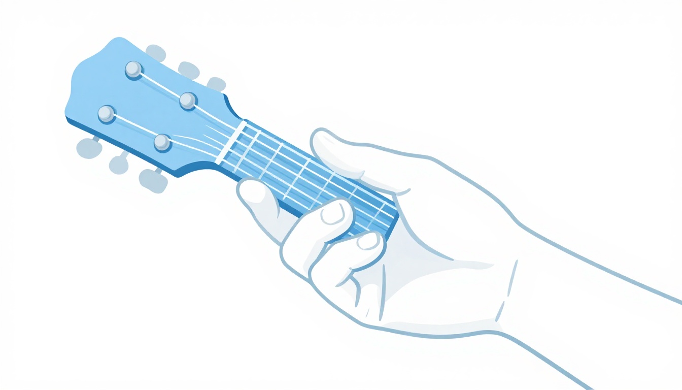 A close-up of a left hand relaxing after releasing a chord shape on an acoustic guitar neck, fingers loose and slightly curled away from the strings