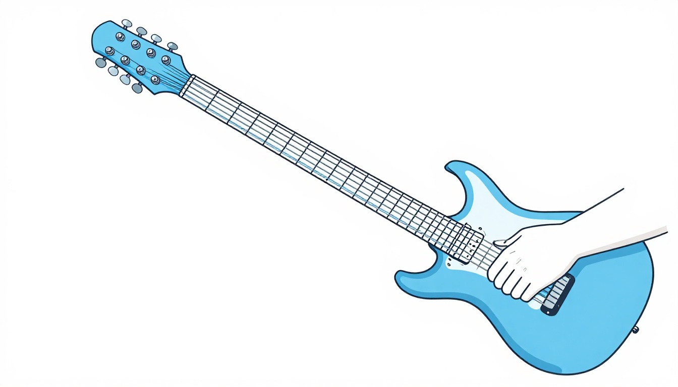 A hand wrapped around the back of an electric guitar neck showing the thumb and finger position, the neck profile visible