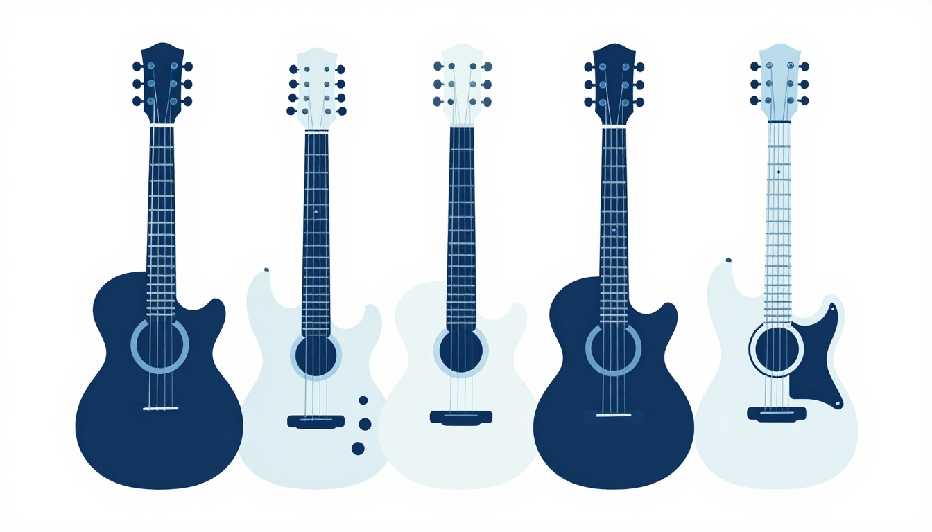 Four electric guitars of different body shapes leaning side by side against a wall in a music room
