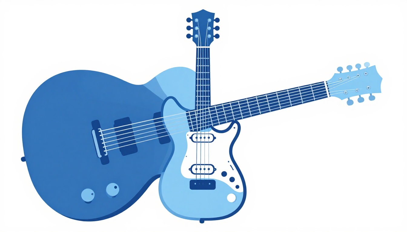 A double cutaway electric guitar with two single coil pickups and one humbucker near the bridge, resting on a guitar stand
