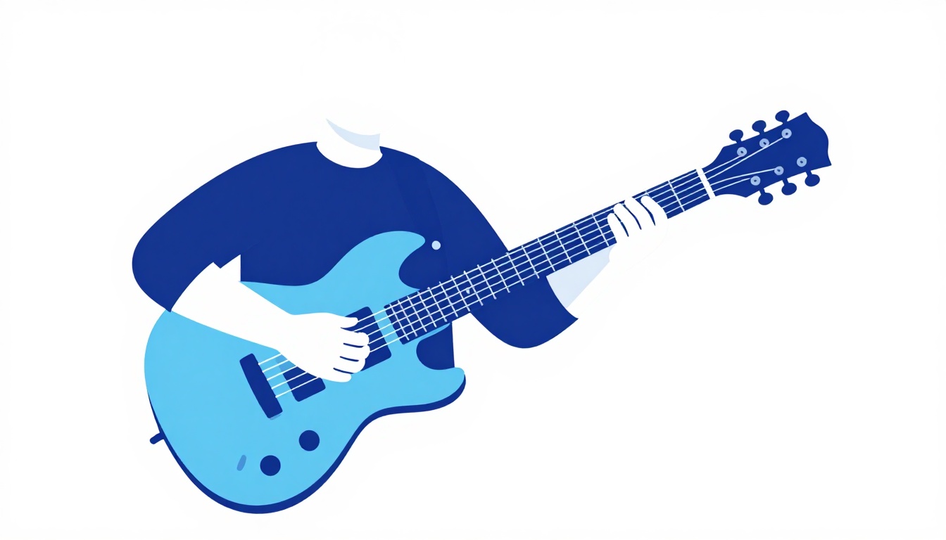 A left handed guitarist holding an electric guitar with the headstock pointing to the right, strumming hand visible
