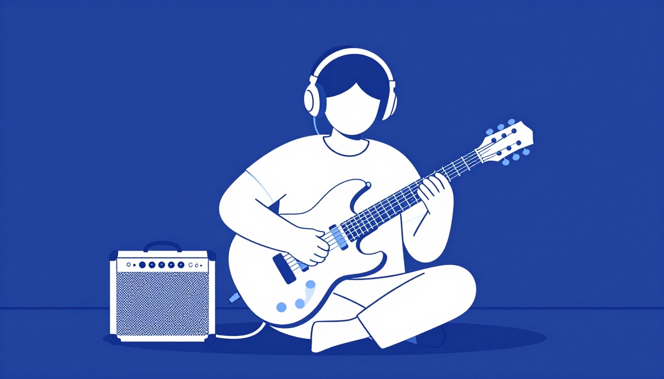 A person sitting at a desk practicing electric guitar quietly through headphones plugged into a small practice amplifier