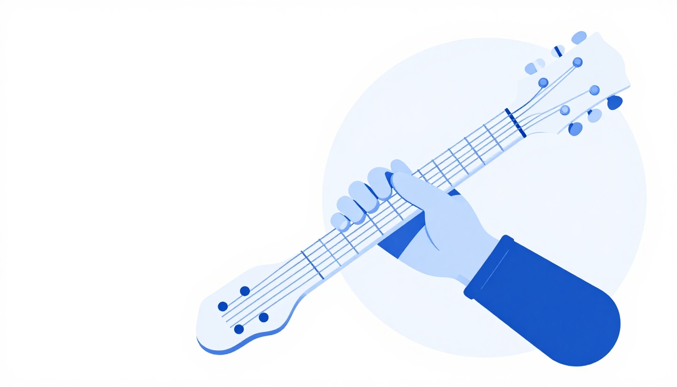 A hand strumming an open chord high up on the neck of an electric guitar
