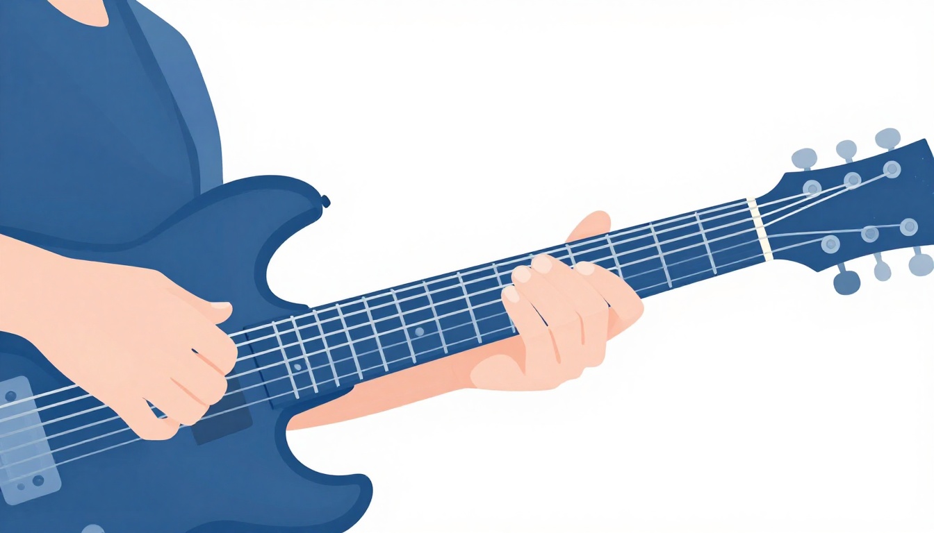 A right hand palm muting electric guitar strings near the bridge while picking