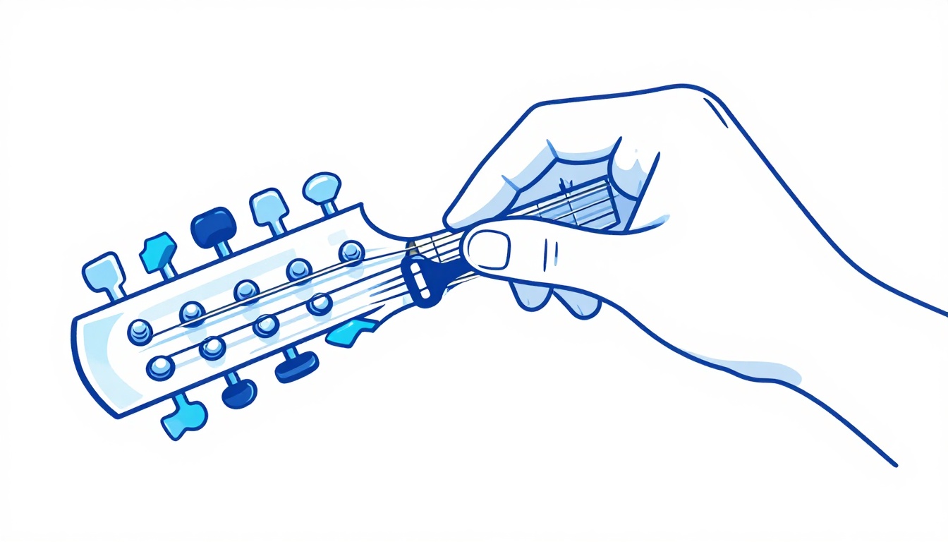 A hand turning a tuning peg on an electric guitar headstock with a tuner clipped on
