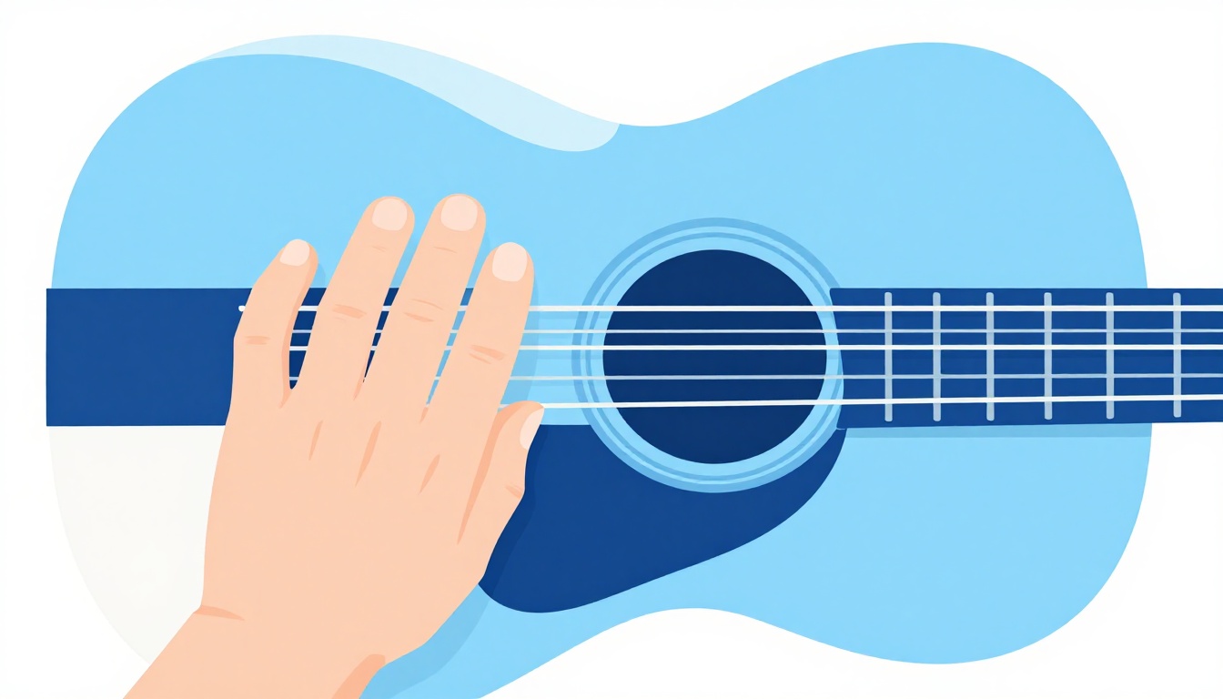 A close-up of a left hand barring three fingers together higher up an acoustic guitar neck to form a compact chord shape