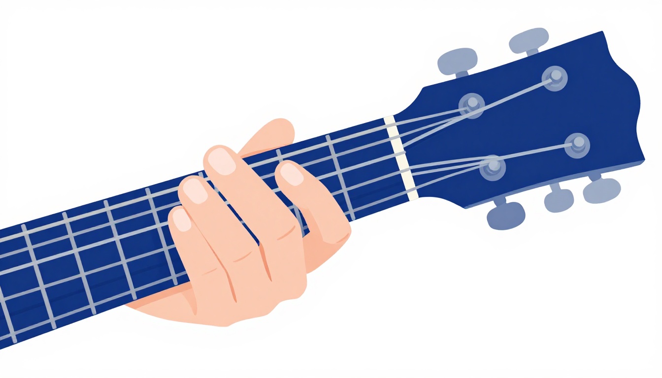 A close up of a left hand fingering an open Cadd9 chord on an acoustic guitar neck, three fingers pressed down near the third fret