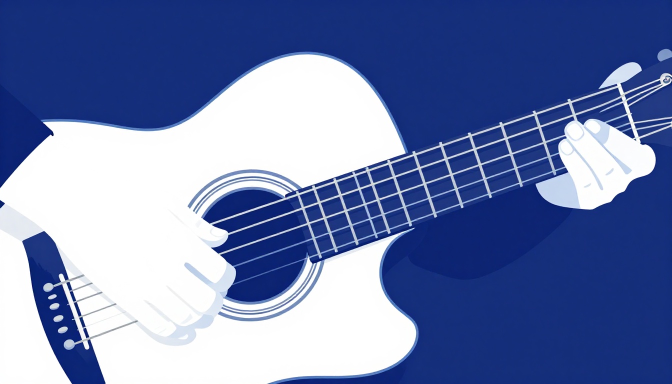 A close up of a left hand with four fingers pressed across the top strings of an acoustic guitar neck near the third fret