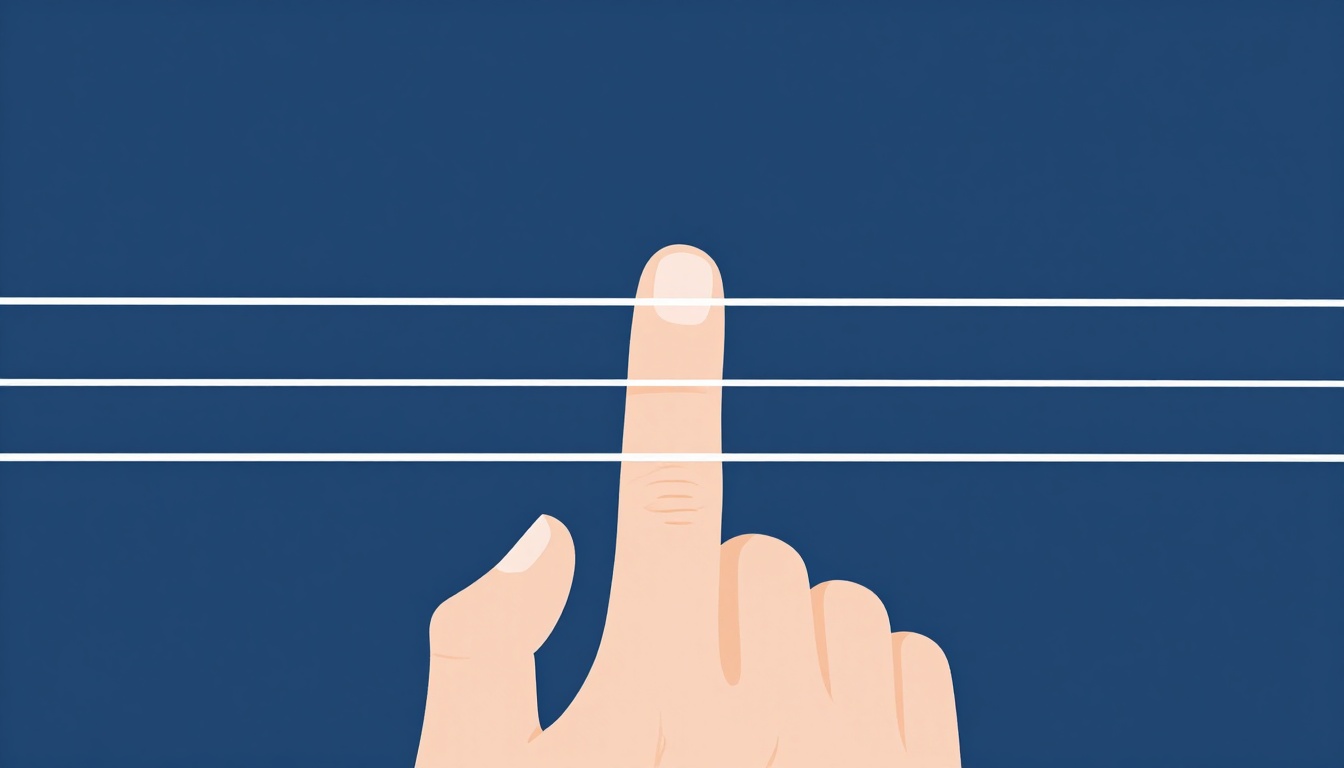 An extreme close up of a fingertip arched vertically and pressing straight down on a single guitar string between two frets, the neighboring string left untouched