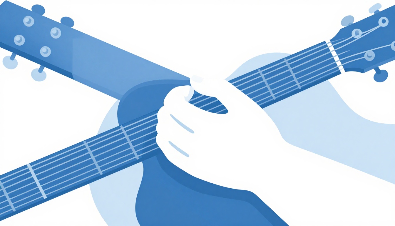 A close up of a capo clamped across a guitar neck, a left hand fingering a chord shape just behind it