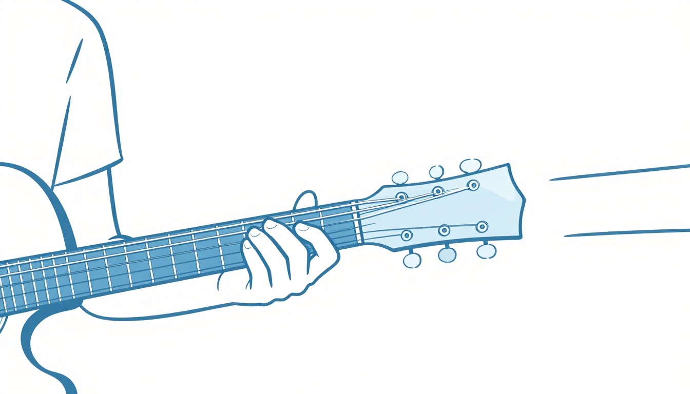 A left hand transitioning between two chord shapes on an acoustic guitar neck, fingers mid-movement