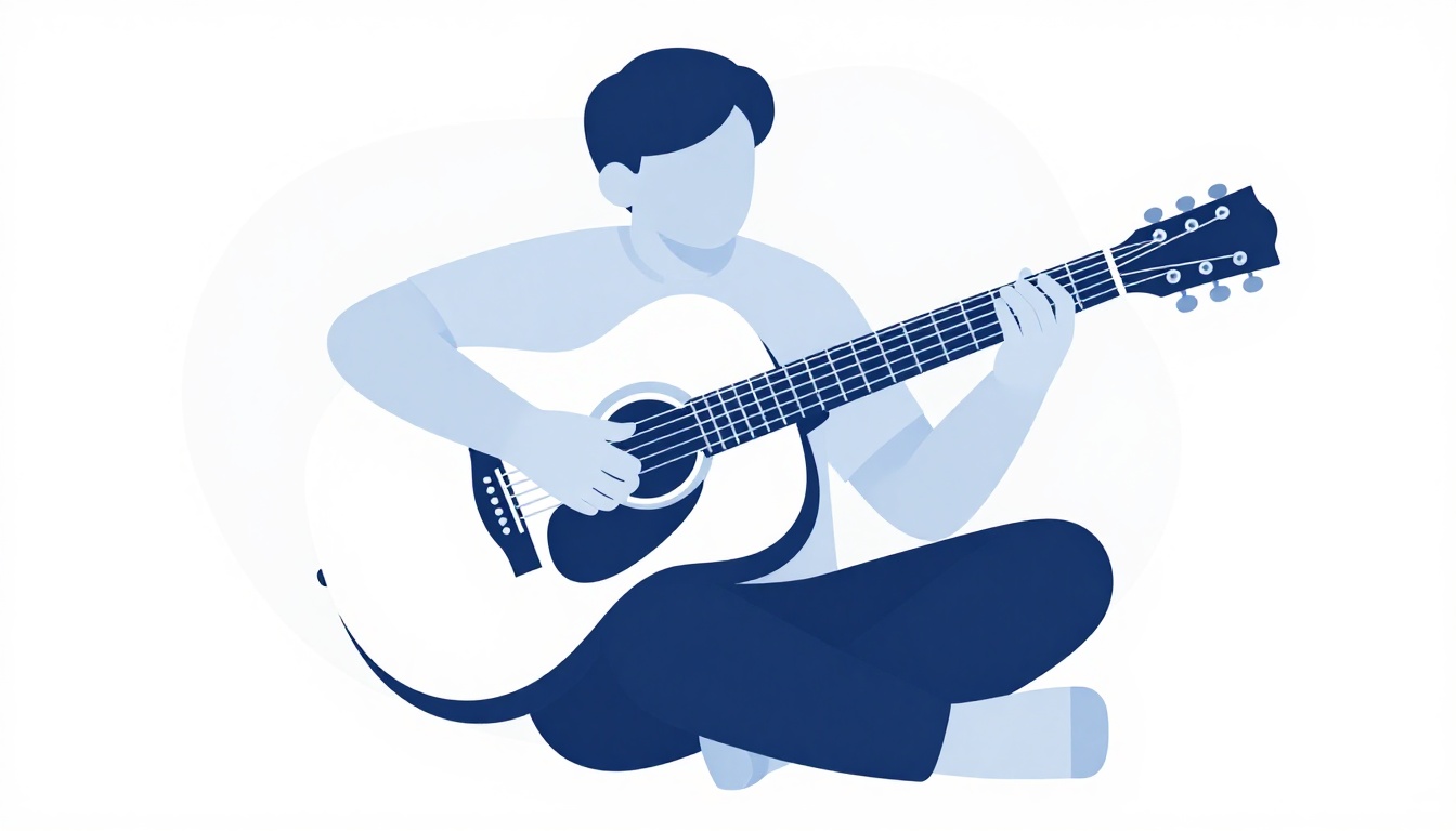 A person playing an acoustic guitar while seated, fingers resting on the fretboard mid-song