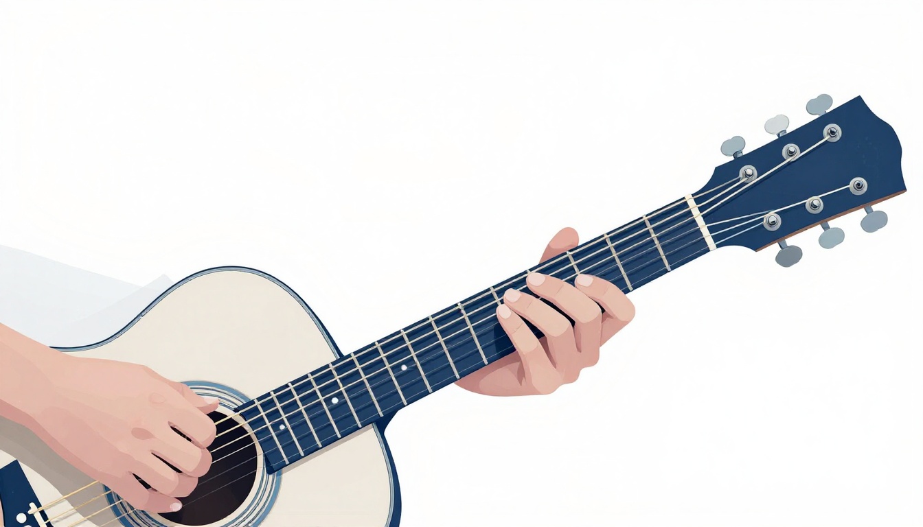 A close up of a left hand fingering an open C major chord on the neck of an acoustic guitar, three fingers pressed on three different strings