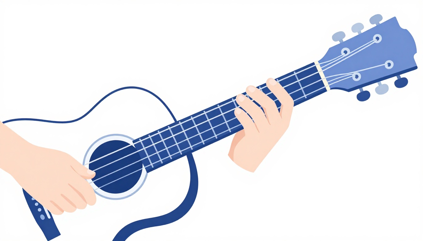 A close up of a single index finger pressing down on one string near the first fret of an acoustic guitar neck, the other fingers relaxed and lifted away