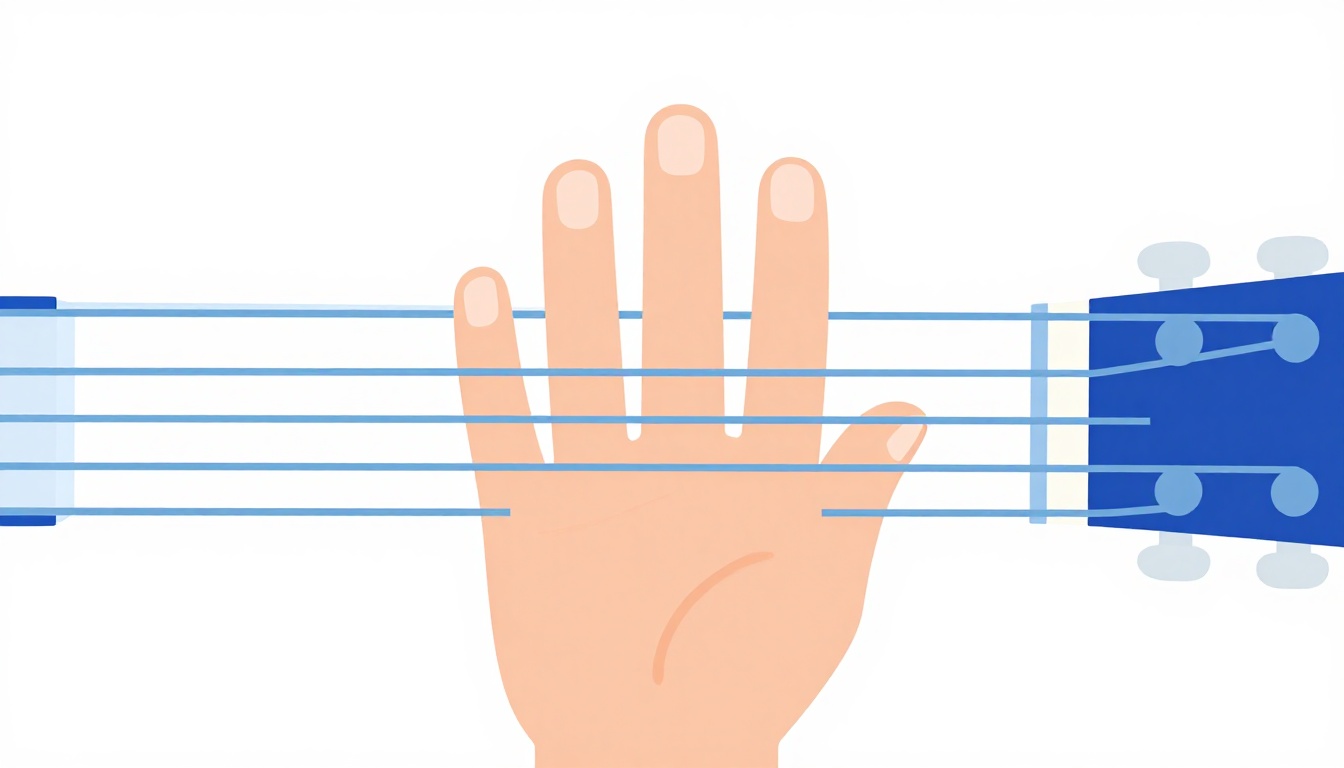 A close up of a left hand with four fingers spread across the top strings of an acoustic guitar neck near the third fret