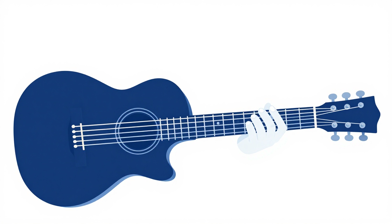 A close up of a left hand barring flat across strings of an acoustic guitar neck with the index finger while other fingers form a chord shape further up the neck