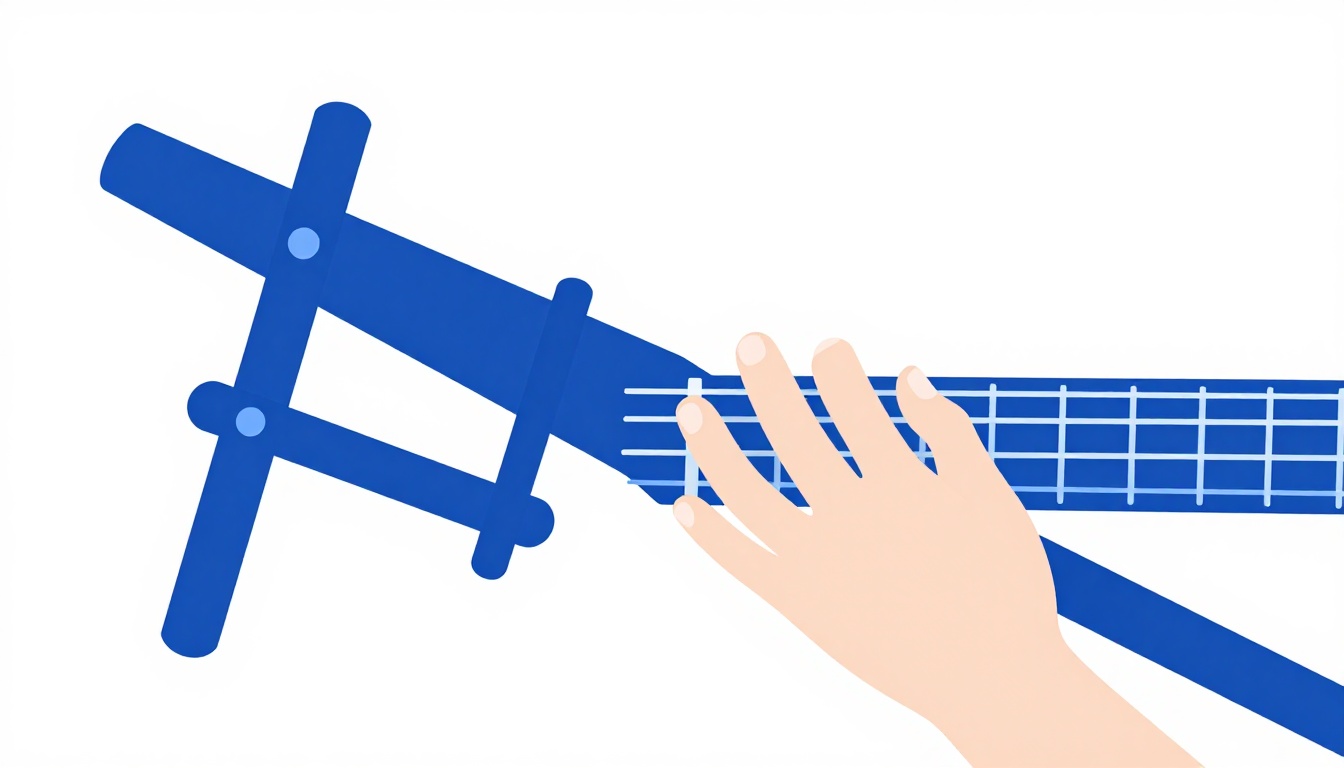A close up of a capo clamped across an acoustic guitar neck with a left hand fingering an open chord shape just behind it