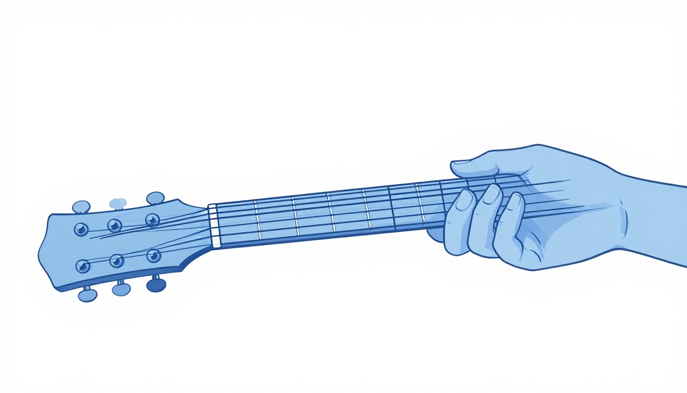 A side view of a left hand lifting off one chord shape and moving toward another position on an acoustic guitar neck, motion implied by the hand's angle