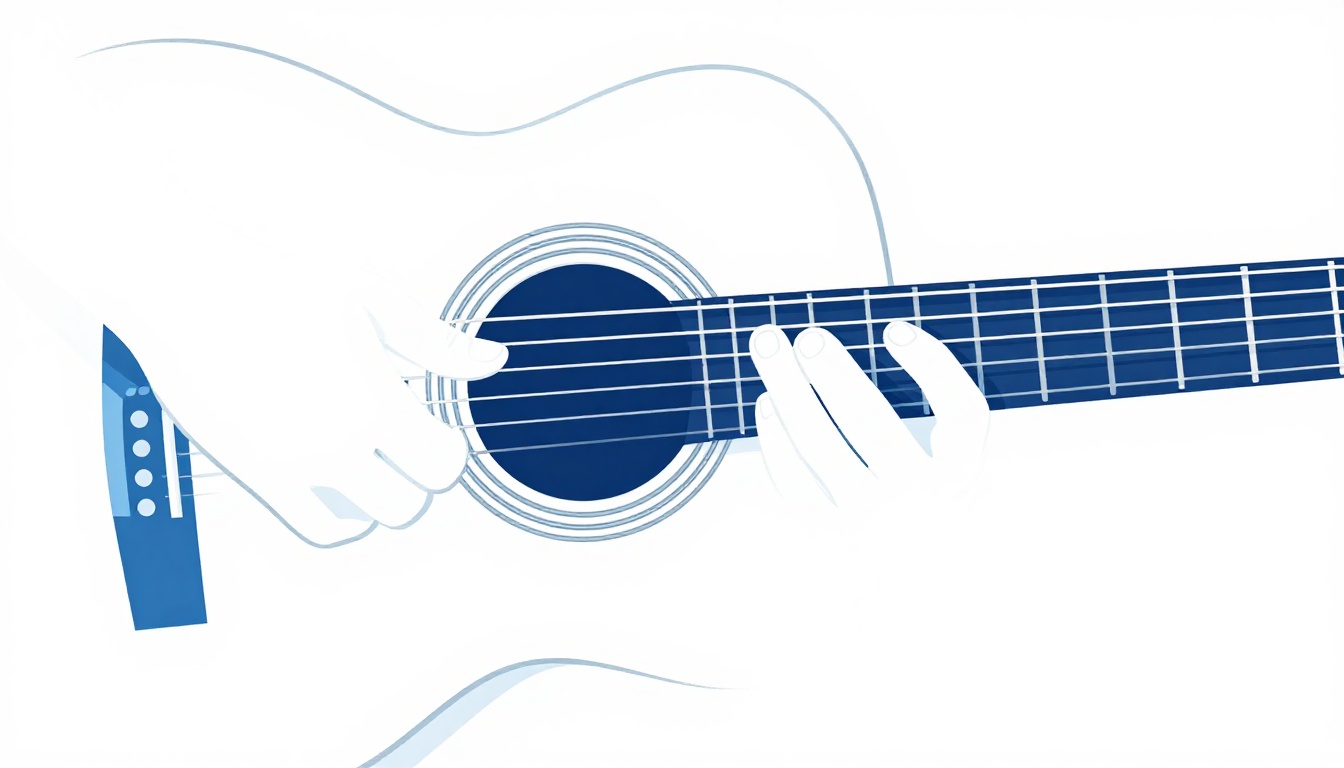 A close up of a right hand plucking individual strings near the sound hole of an acoustic guitar with the thumb and fingers separated