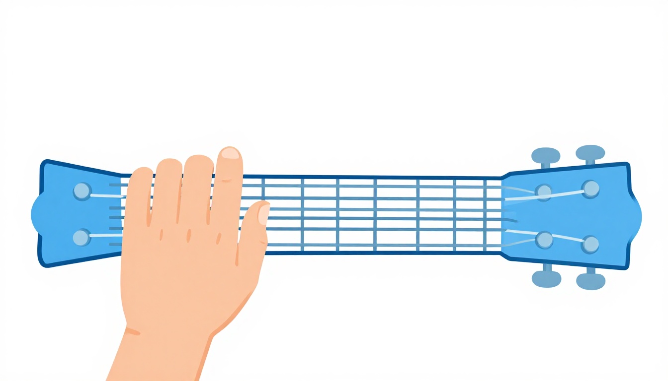 A close up of a left hand fingering a compact four finger chord shape low on an acoustic guitar neck near the first and second frets