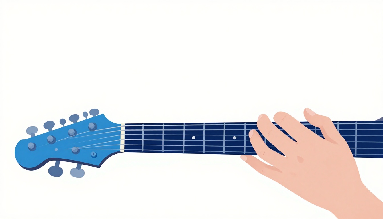 A close up of a left hand barring flat across strings high up an electric guitar neck with other fingers pressed onto higher frets