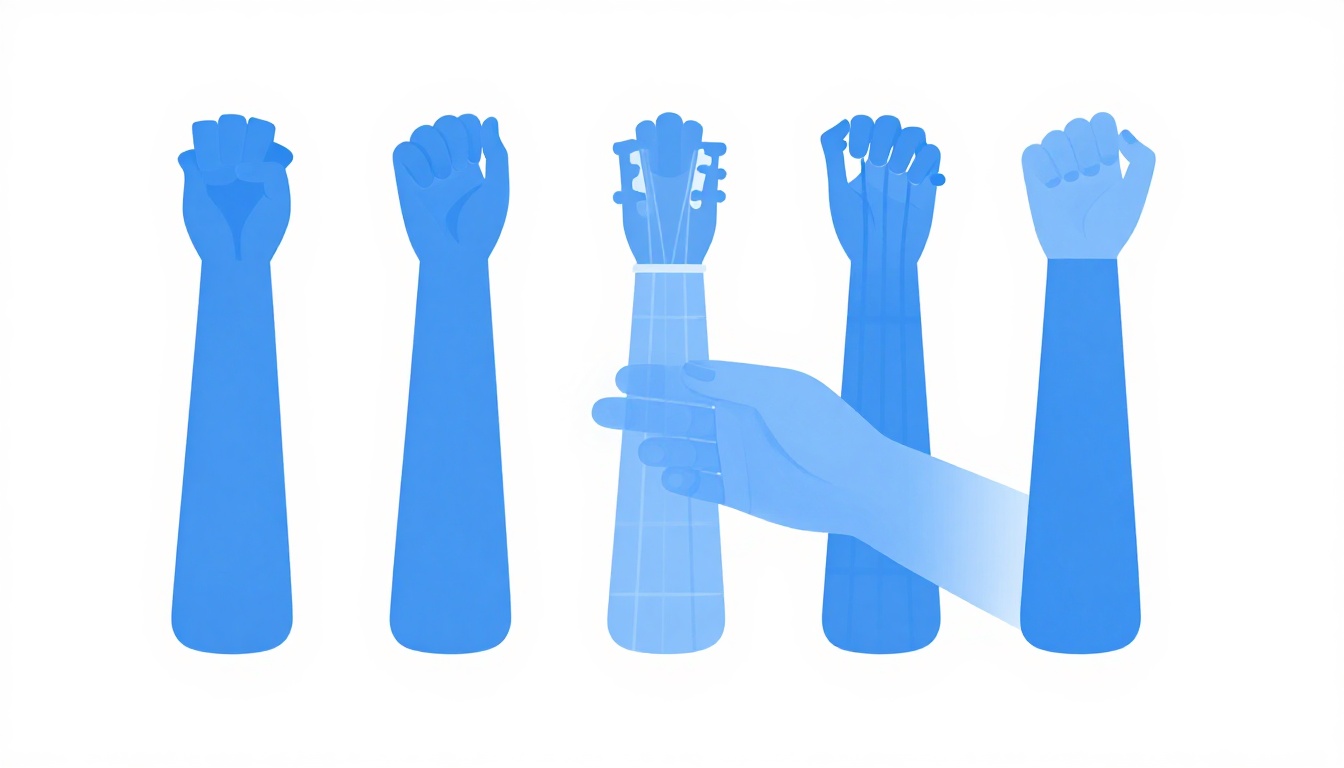 A close up of a hand transitioning between two chord shapes on an acoustic guitar neck, fingers mid movement