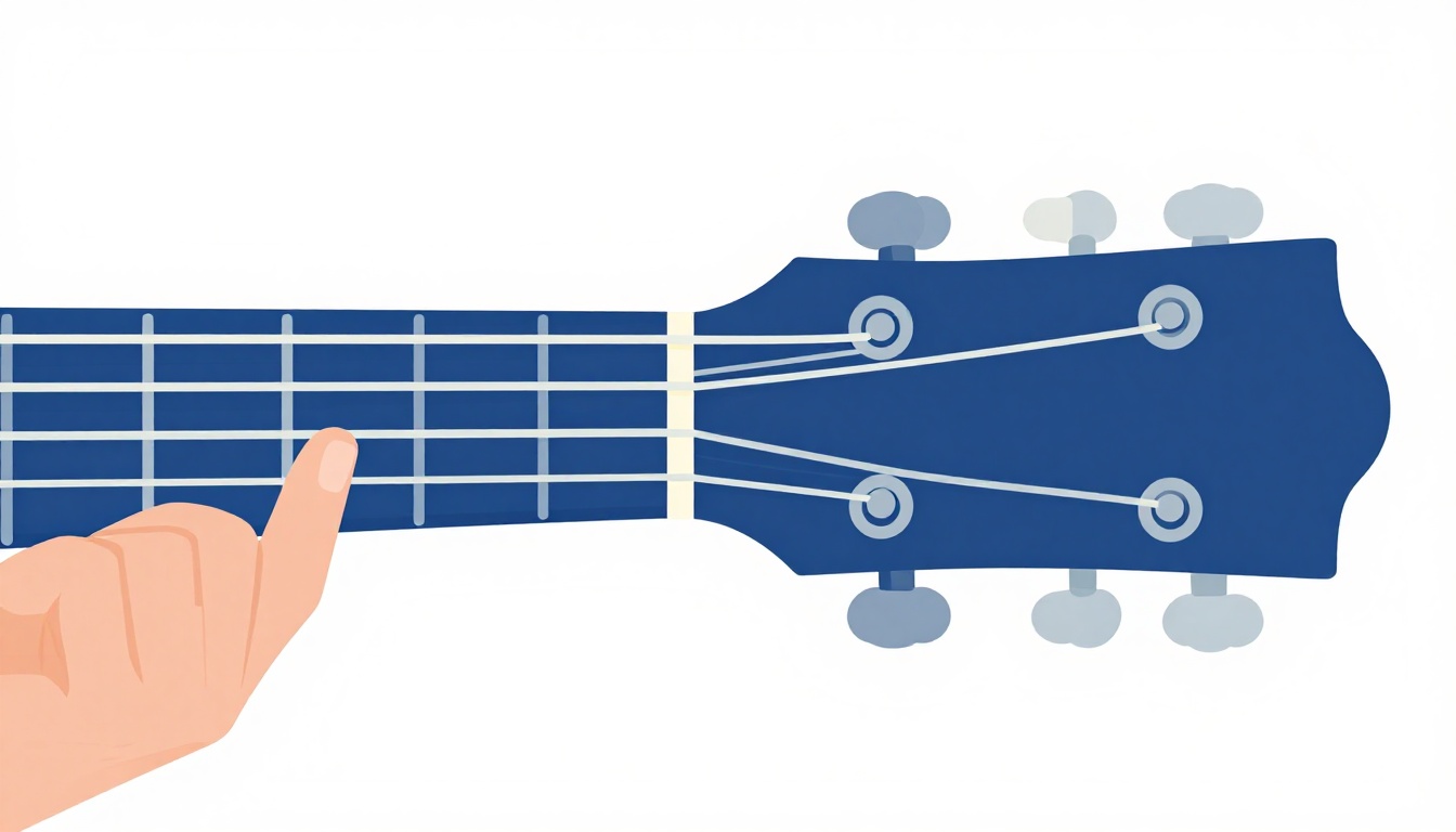A close up of a guitar neck with a hand resting near the open strings, natural light from a nearby window