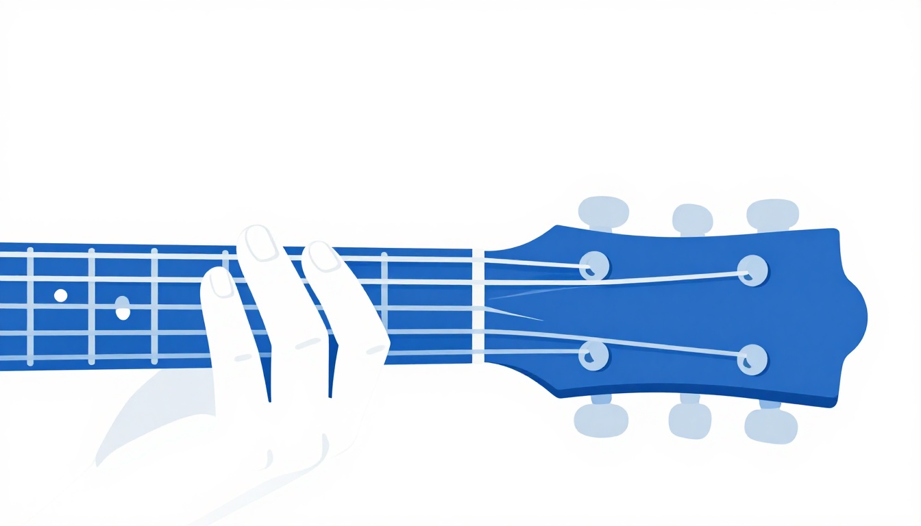 A close-up of a left hand barring a guitar neck at the third fret, three other fingers pressed further up the neck