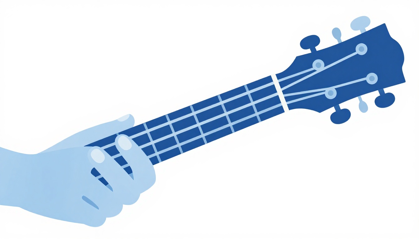A close-up of a left hand playing a two-finger no-barre chord low on a guitar neck, only two strings fretted