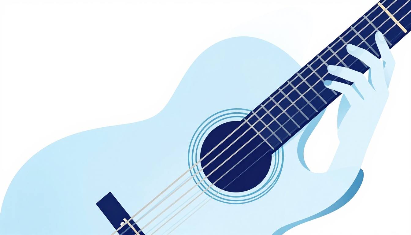 A close-up of a left hand barring a guitar neck high up near the middle of the fretboard, two fingers pressed on nearby frets