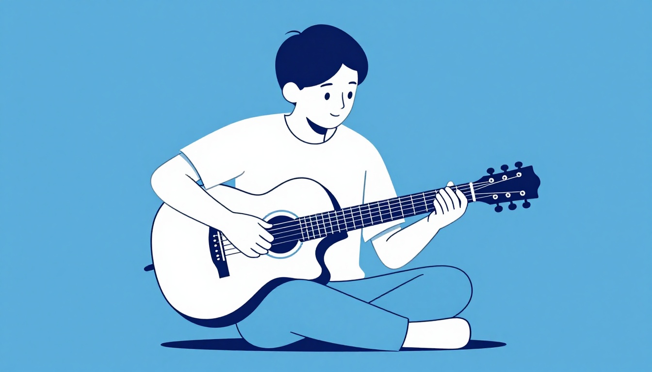 A person sitting and practicing acoustic guitar at home, focused on their fretting hand