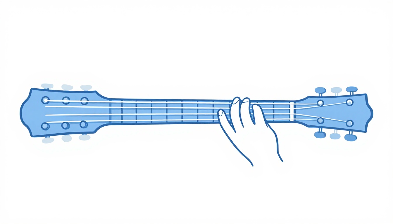 A close-up of a left hand barring a guitar neck to form a minor chord