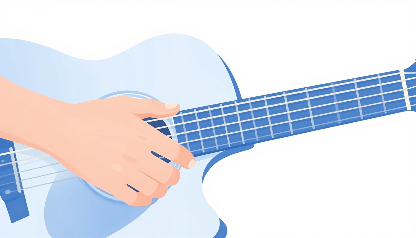 A close up of a left hand forming a partial barre chord across the fourth fret of an acoustic guitar neck, with two fingers reaching higher on two of the strings