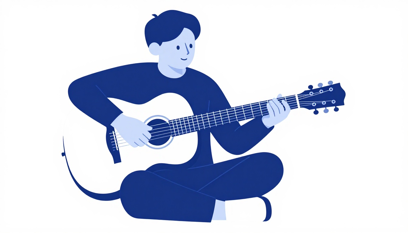 A wide shot of a seated guitarist practicing chord changes on an acoustic guitar, one hand moving along the neck