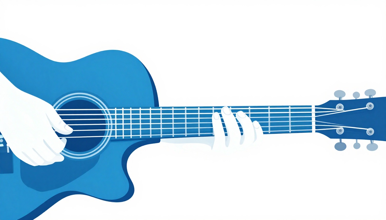A close up of a left hand fingering an open C7 chord on an acoustic guitar neck