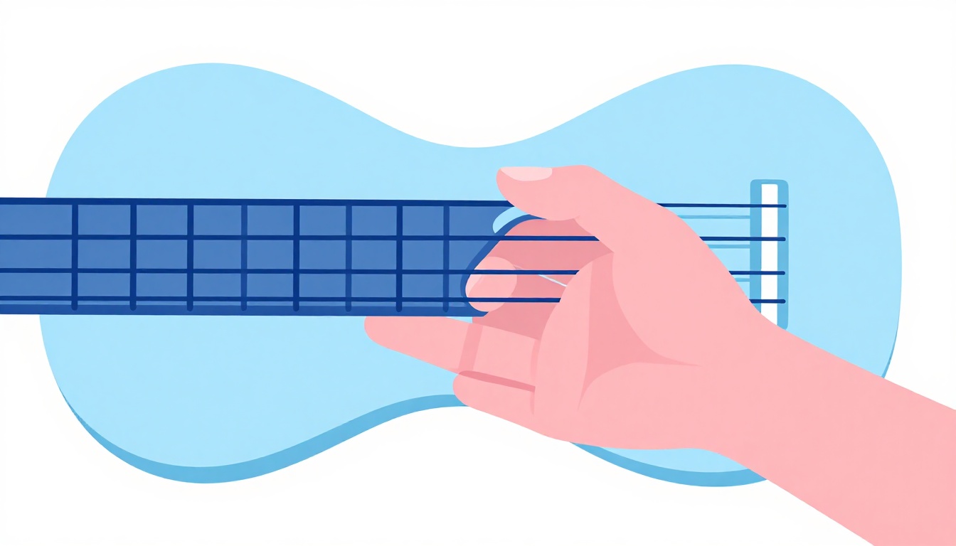 A close up of a curled pinky finger pressing down on a guitar string near a fret