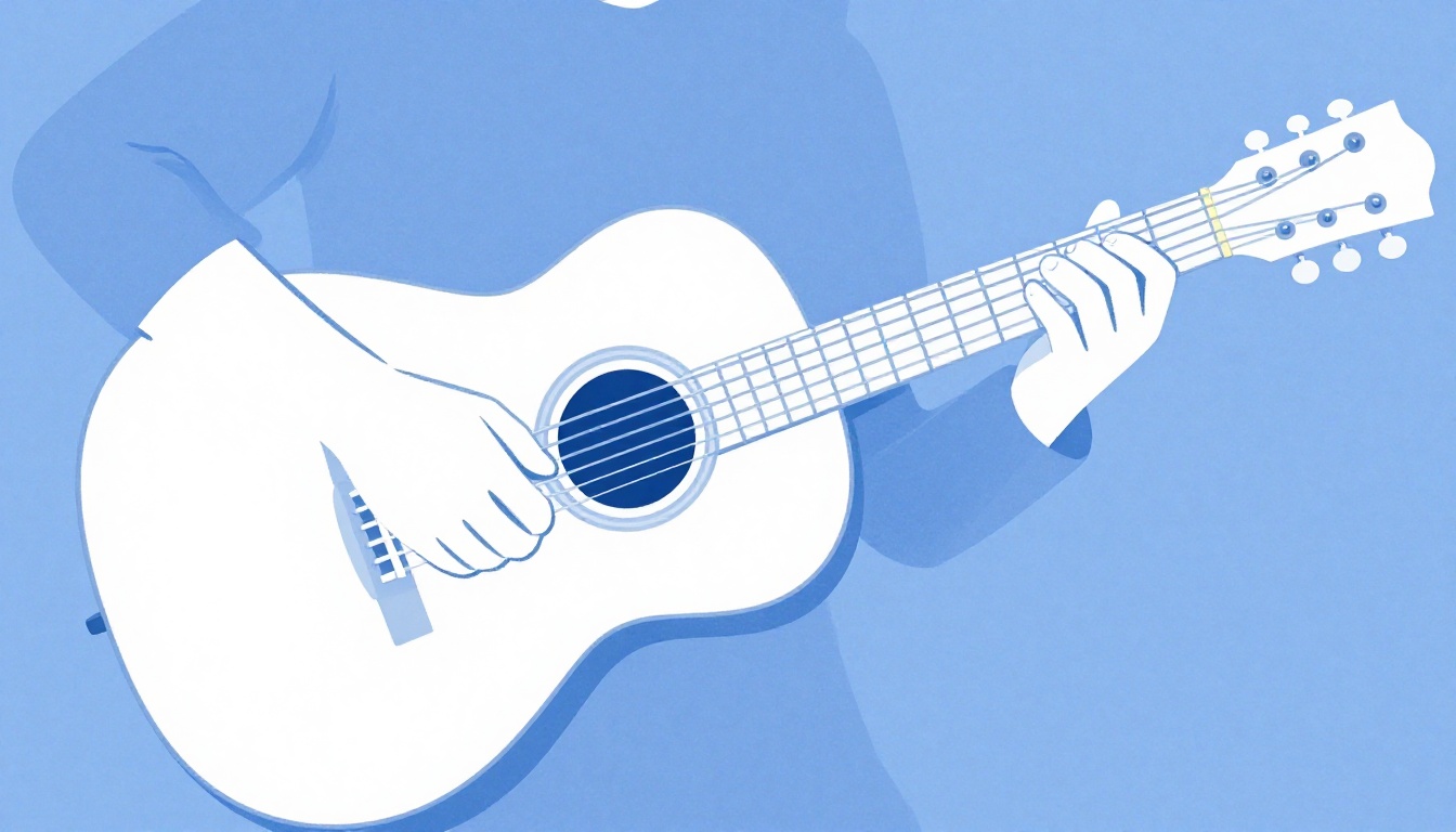 A hand fingering a compact three-note C7 chord shape on the middle strings of a guitar
