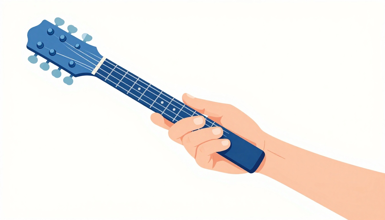 A hand forming a full barre chord shape high on a guitar neck near the eighth fret