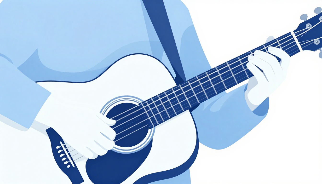 A hand strumming a guitar chord with the fretting hand visible on the neck