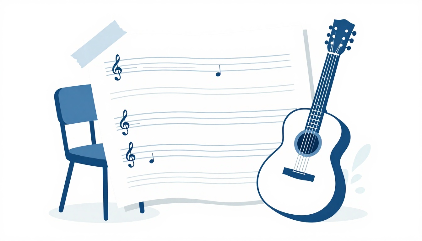 Sheet music and a guitar neck side by side to show a chord progression in context