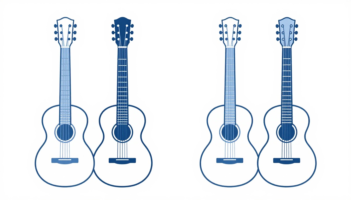 Two hands forming different chord shapes side by side on a guitar neck to show a chord change