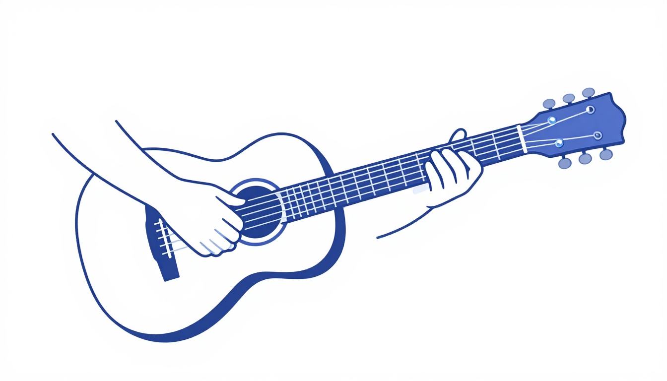 A hand practicing a chord change on a guitar with a metronome visible nearby