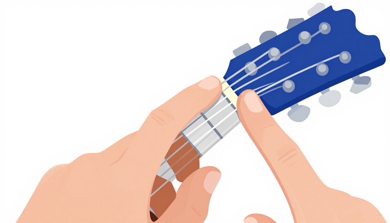 A close up of a left hand fingering a C9 chord on an acoustic guitar neck, the ring finger barred flat across three strings near the third fret